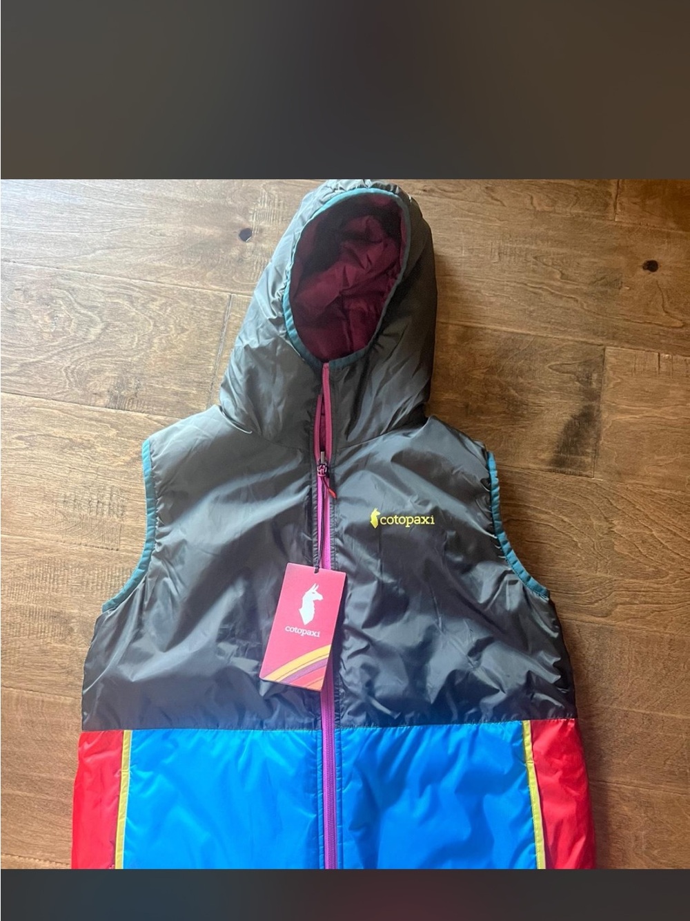 cotopaxi Colorblock Hooded Puffer Vest in Gray, Blue, Red